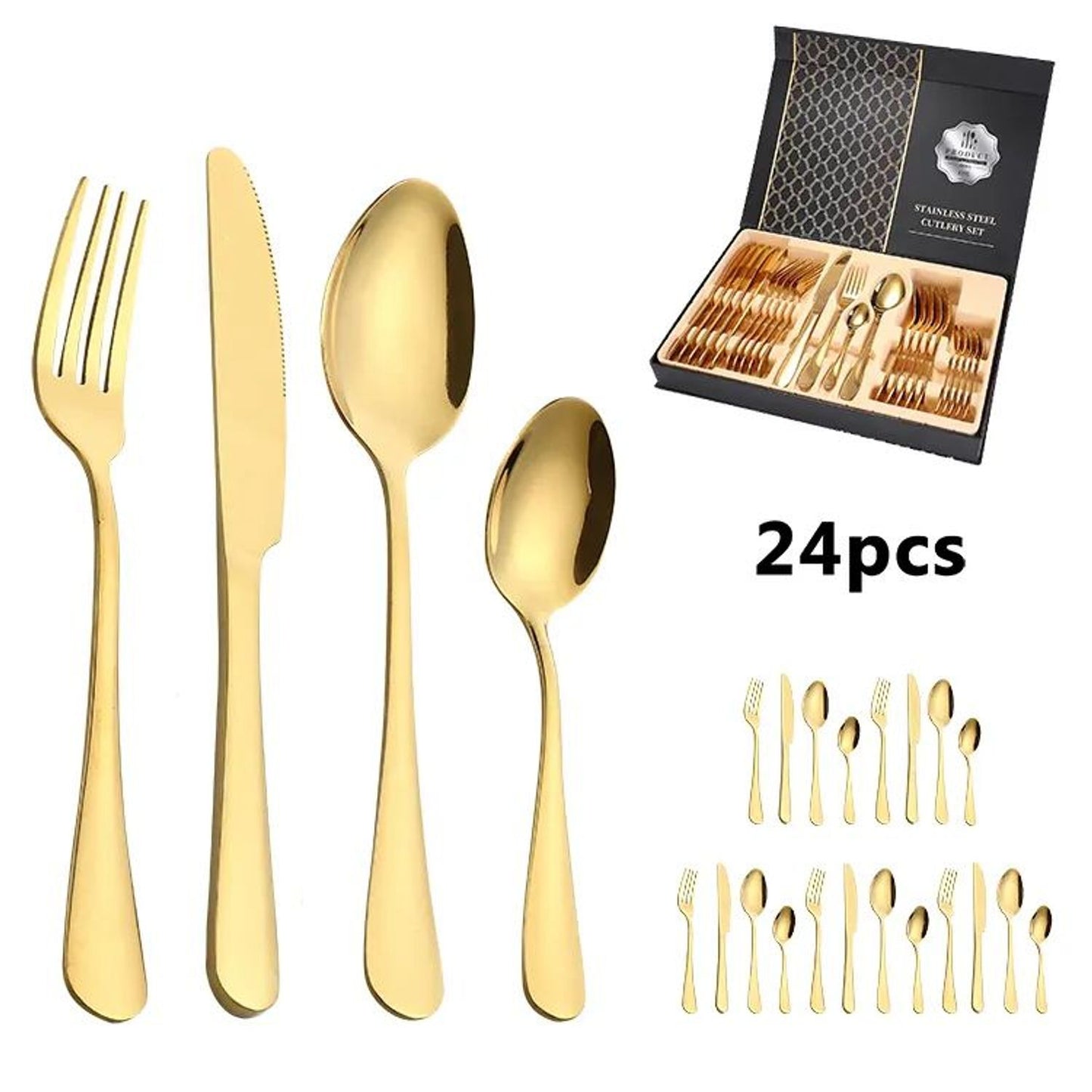 Juego de cubiertos set 24 piezas acero inoxidable dorado